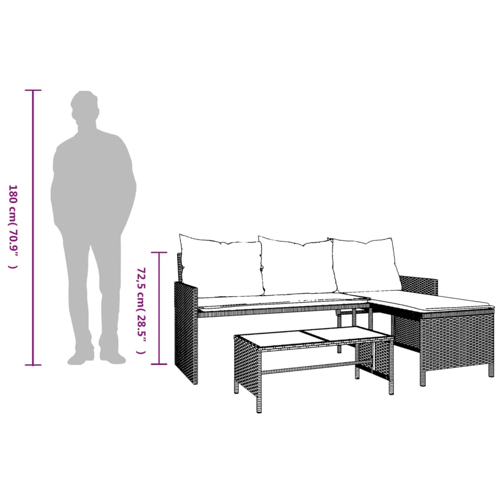 vidaXL Gartensofa in L-Form mit Tisch und Kissen Grau Poly Rattan