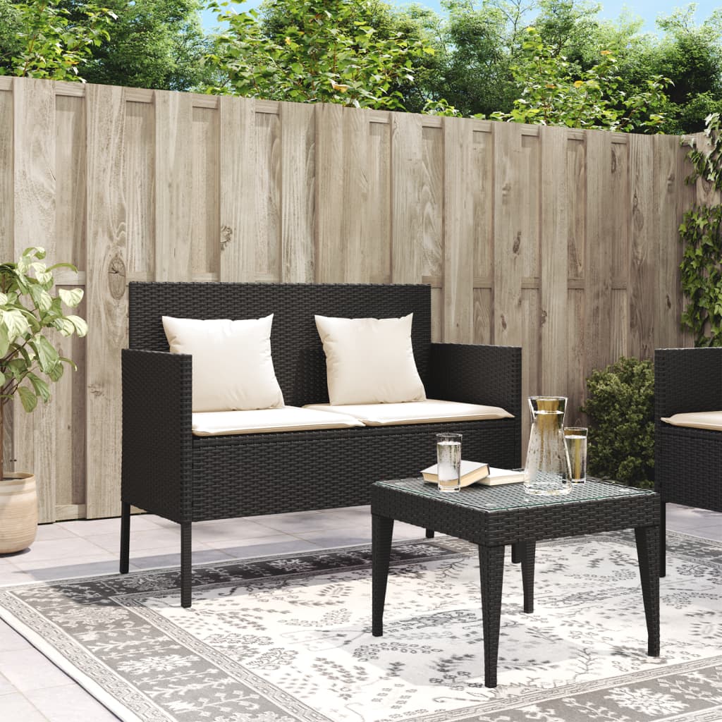 vidaXL Gartenbank mit Kissen Schwarz Poly Rattan