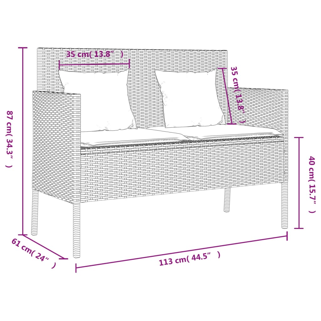 vidaXL Gartenbank mit Kissen Schwarz Poly Rattan