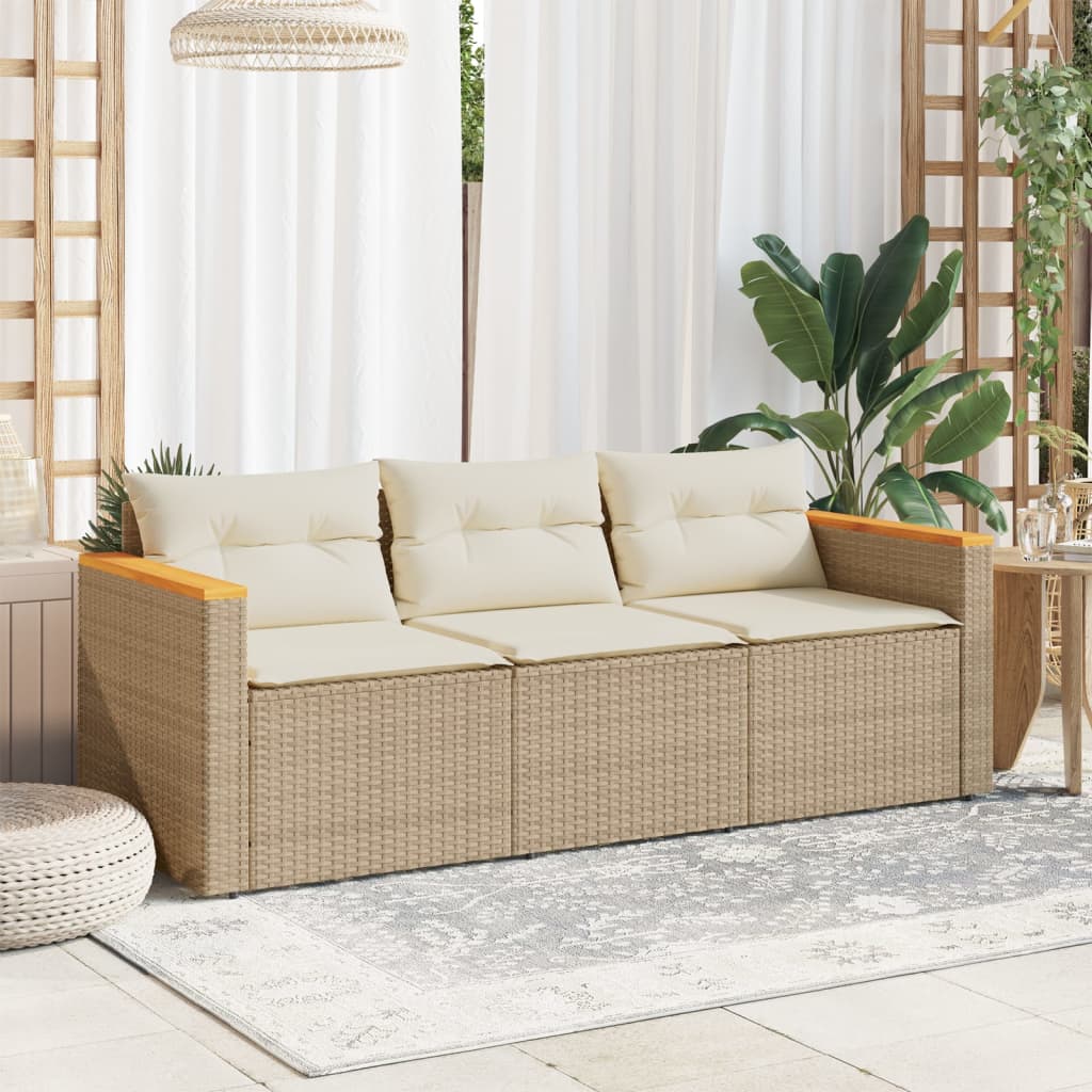 vidaXL Gartensofa mit Kissen 3-Sitzer Beige Poly Rattan