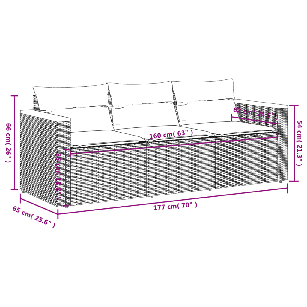 vidaXL Gartensofa mit Kissen 3-Sitzer Beige Poly Rattan