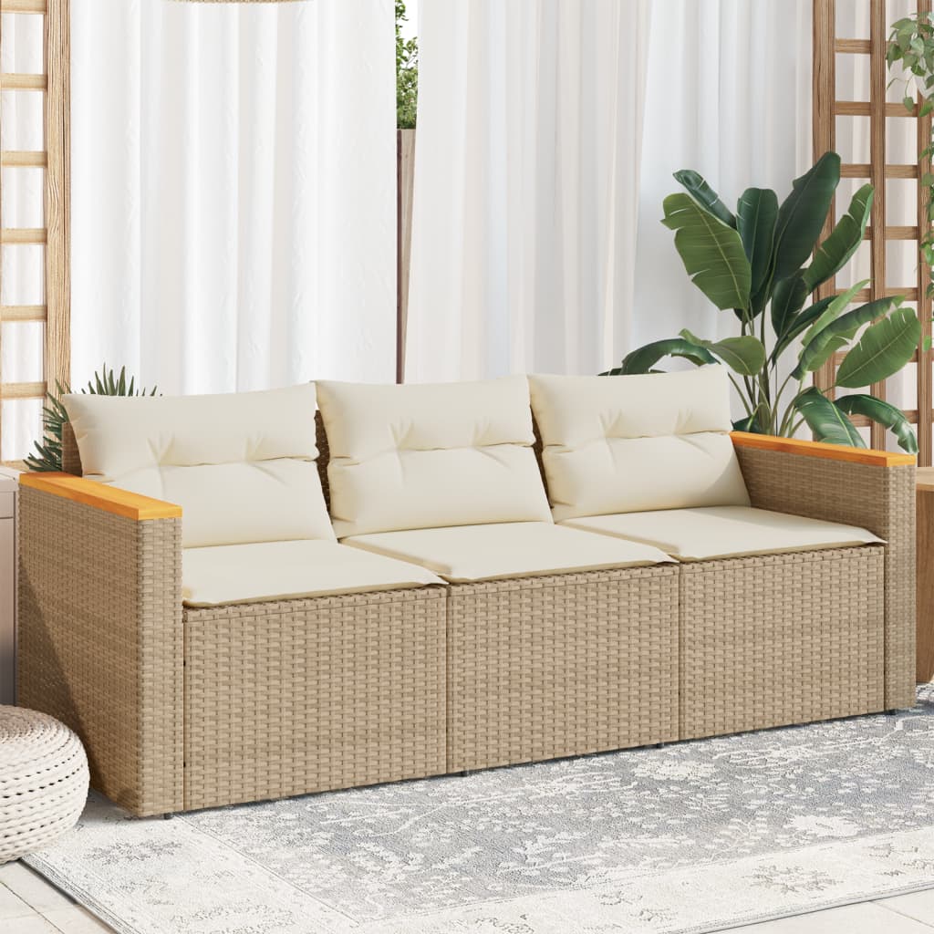 vidaXL Gartensofa mit Kissen 3-Sitzer Beige Poly Rattan