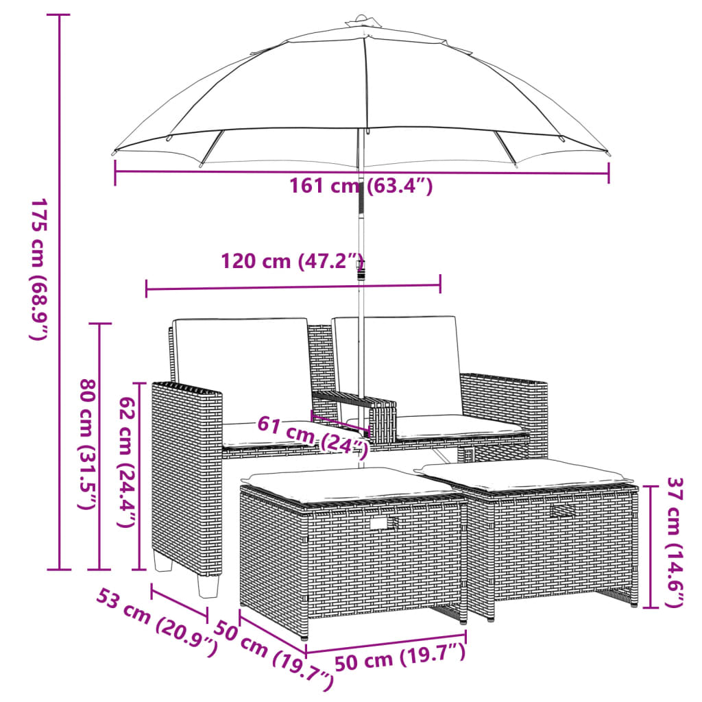 Gartensofa 2-Sitzer Sonnenschirm und Hocker Schwarz Poly-Rattan