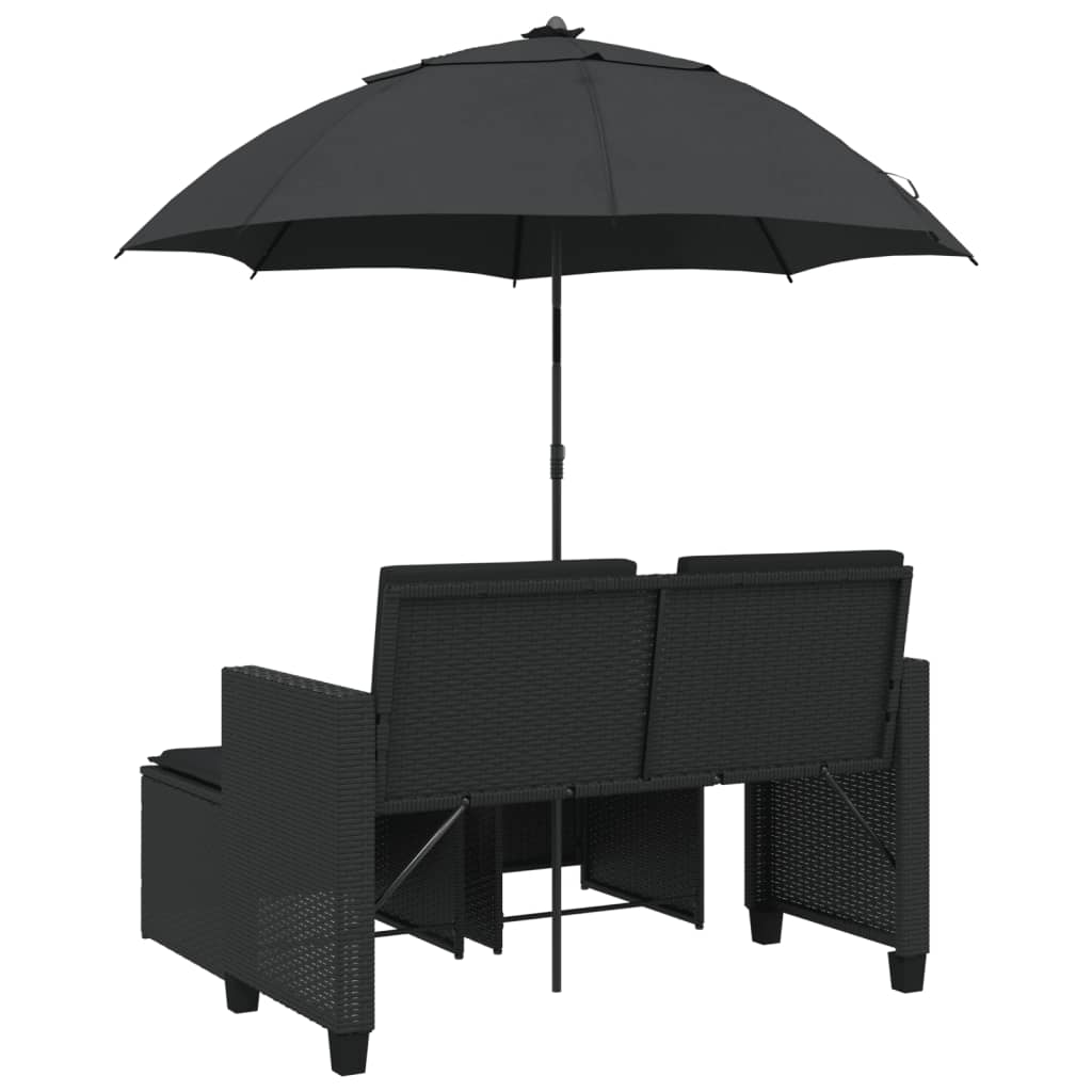 vidaXL Gartensofa 2-Sitzer Sonnenschirm und Hocker Schwarz Poly-Rattan