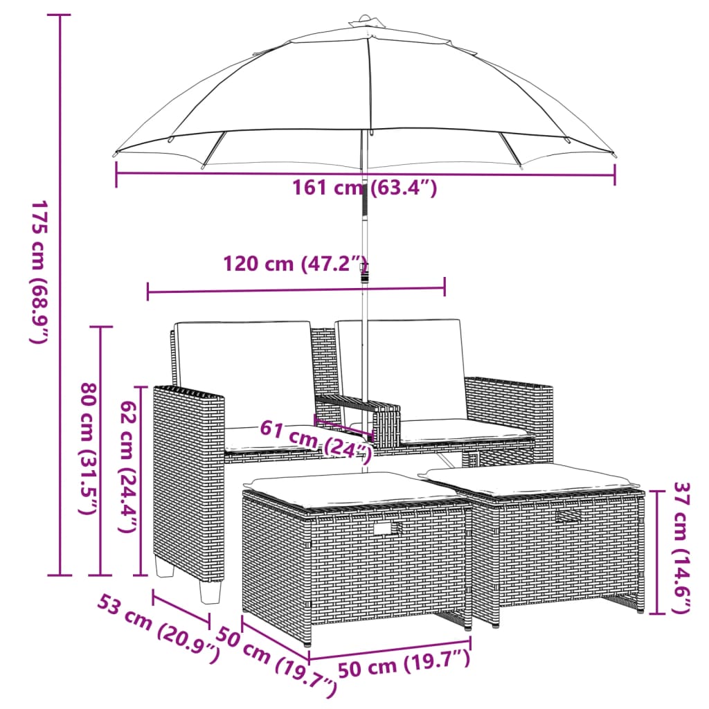 Gartensofa 2-Sitzer Sonnenschirm und Hocker Braun Poly Rattan