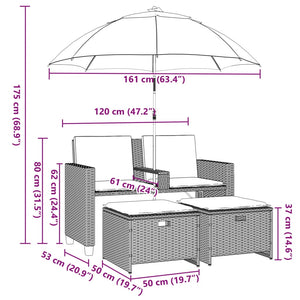 Gartensofa 2-Sitzer Sonnenschirm und Hocker Braun Poly Rattan