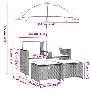 Gartensofa 2-Sitzer Sonnenschirm und Hocker Grau Poly Rattan