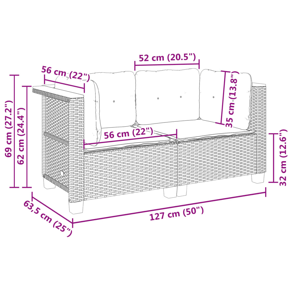 vidaXL Garten-Ecksofas mit Kissen 2 Stk. Grau Poly Rattan