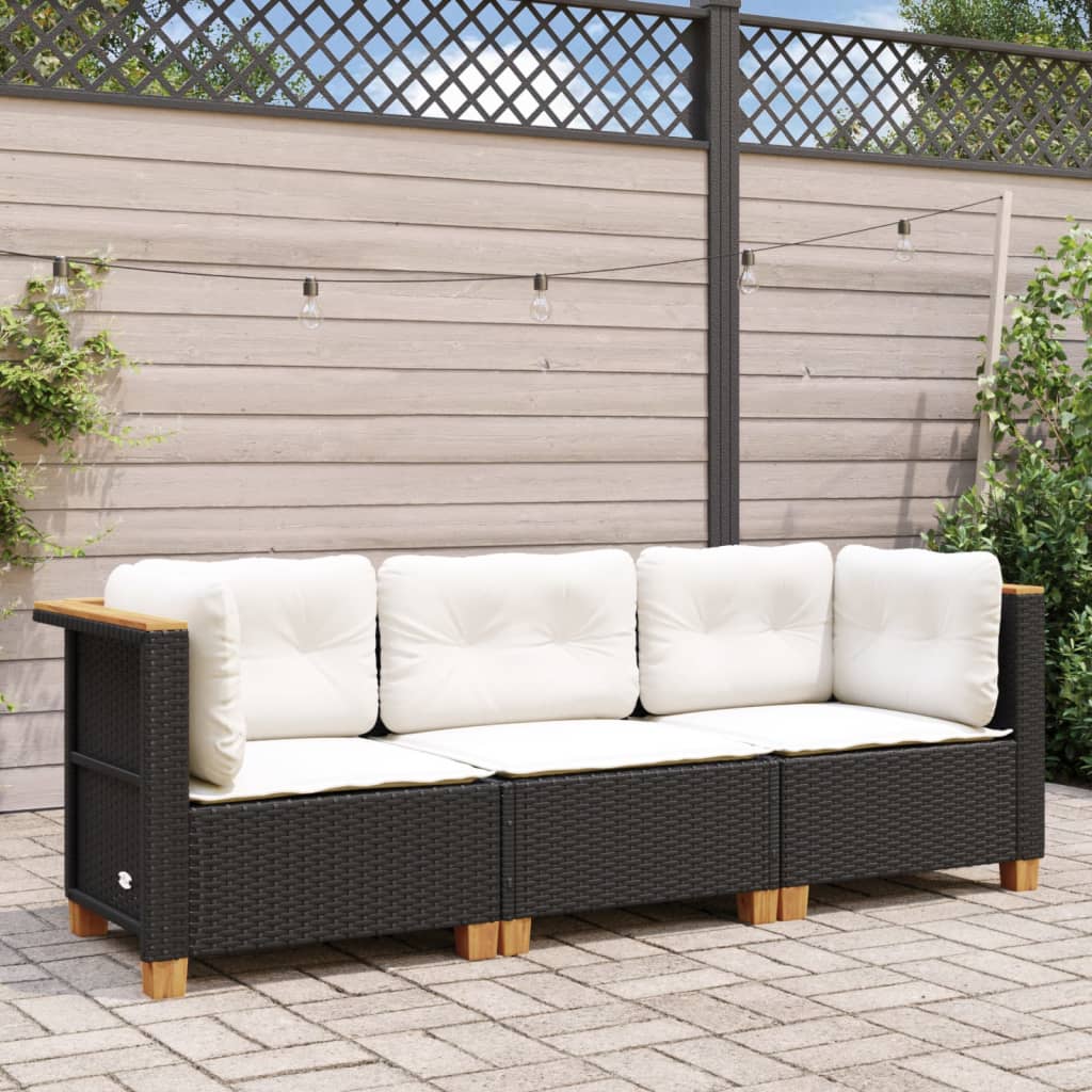 vidaXL Gartensofa mit Kissen 3-Sitzer Schwarz Poly Rattan