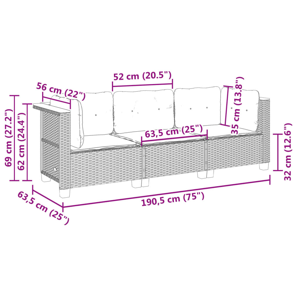 vidaXL Gartensofa mit Kissen 3-Sitzer Schwarz Poly Rattan