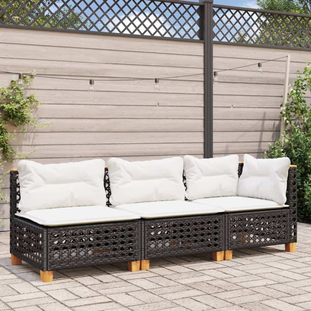 vidaXL Gartensofa mit Kissen 3-Sitzer Schwarz Poly Rattan