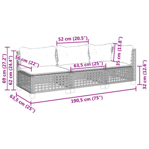 vidaXL Gartensofa mit Kissen 3-Sitzer Schwarz Poly Rattan