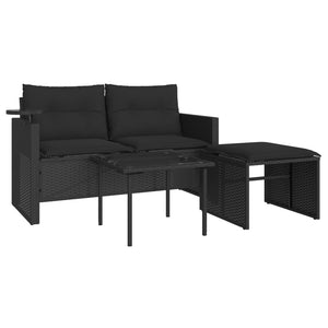 vidaXL 3-tlg. Garten-Sofagarnitur mit Kissen Schwarz Poly Rattan