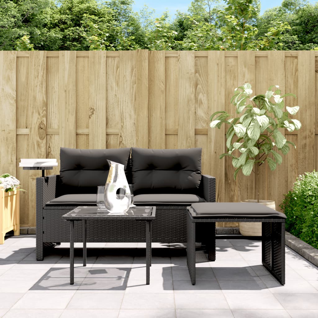 vidaXL 3-tlg. Garten-Sofagarnitur mit Kissen Schwarz Poly Rattan