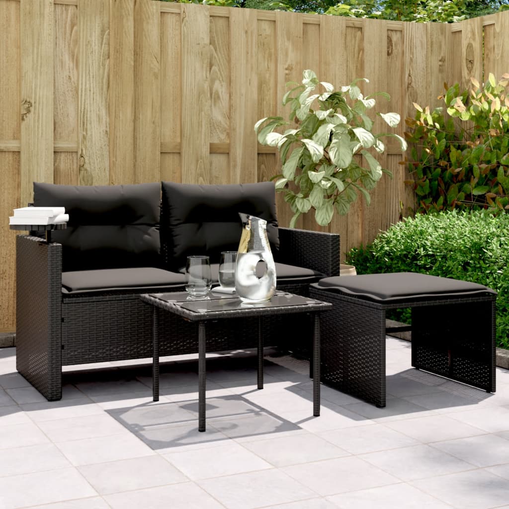 vidaXL 3-tlg. Garten-Sofagarnitur mit Kissen Schwarz Poly Rattan