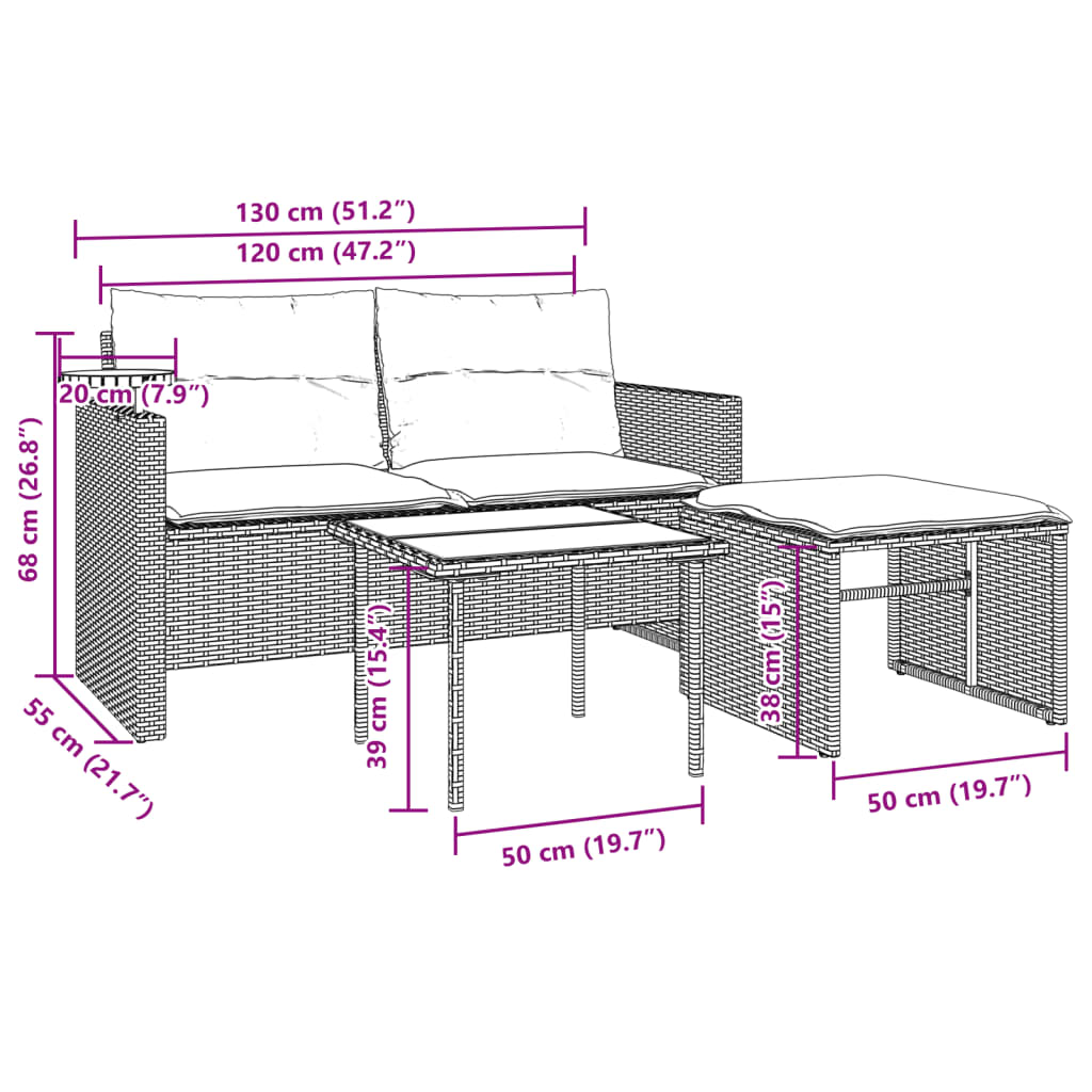 vidaXL 3-tlg. Garten-Sofagarnitur mit Kissen Braun Poly Rattan