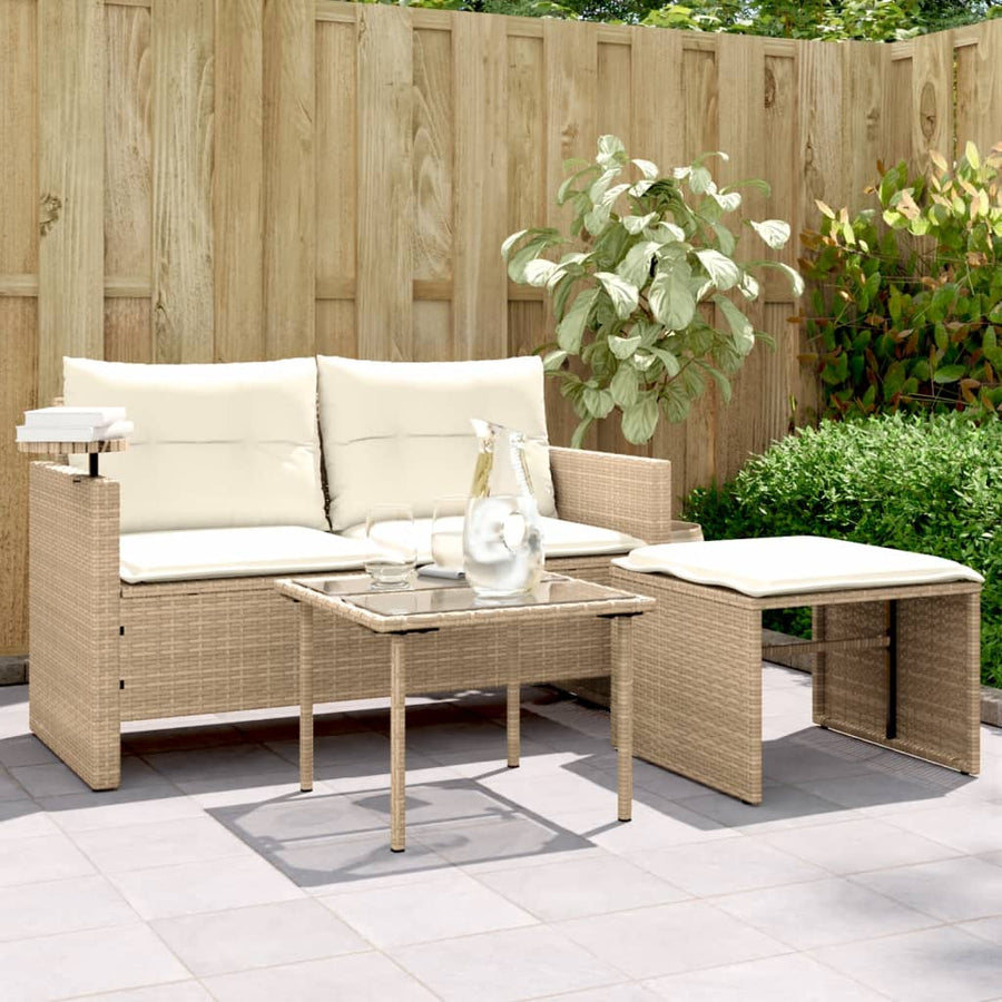 3-tlg. Garten-Sofagarnitur mit Kissen Beige Poly Rattan Stilecasa