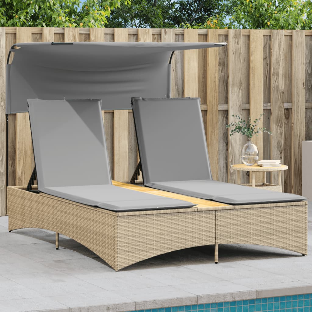 Doppel-Sonnenliege mit Dach und Auflagen Beige Poly Rattan