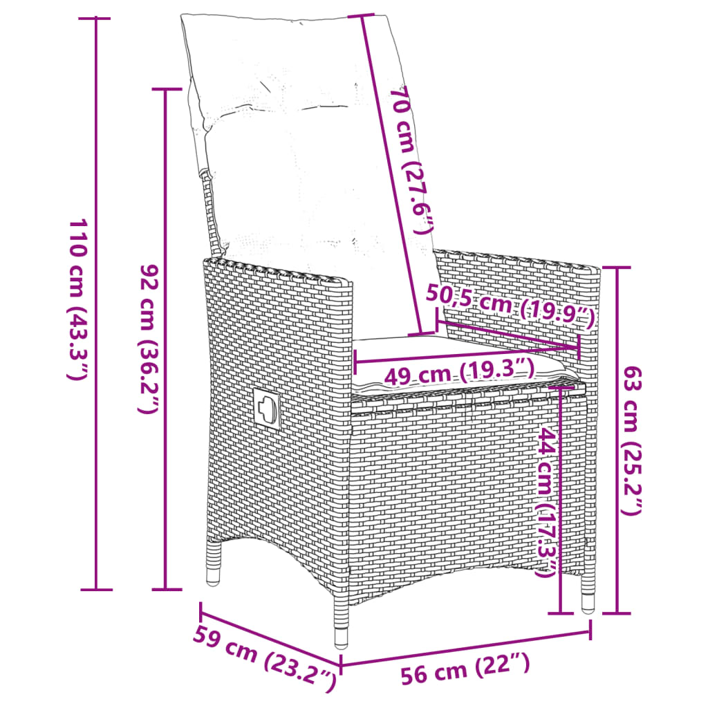 vidaXL Gartensessel Verstellbar mit Kissen Braun Poly Rattan