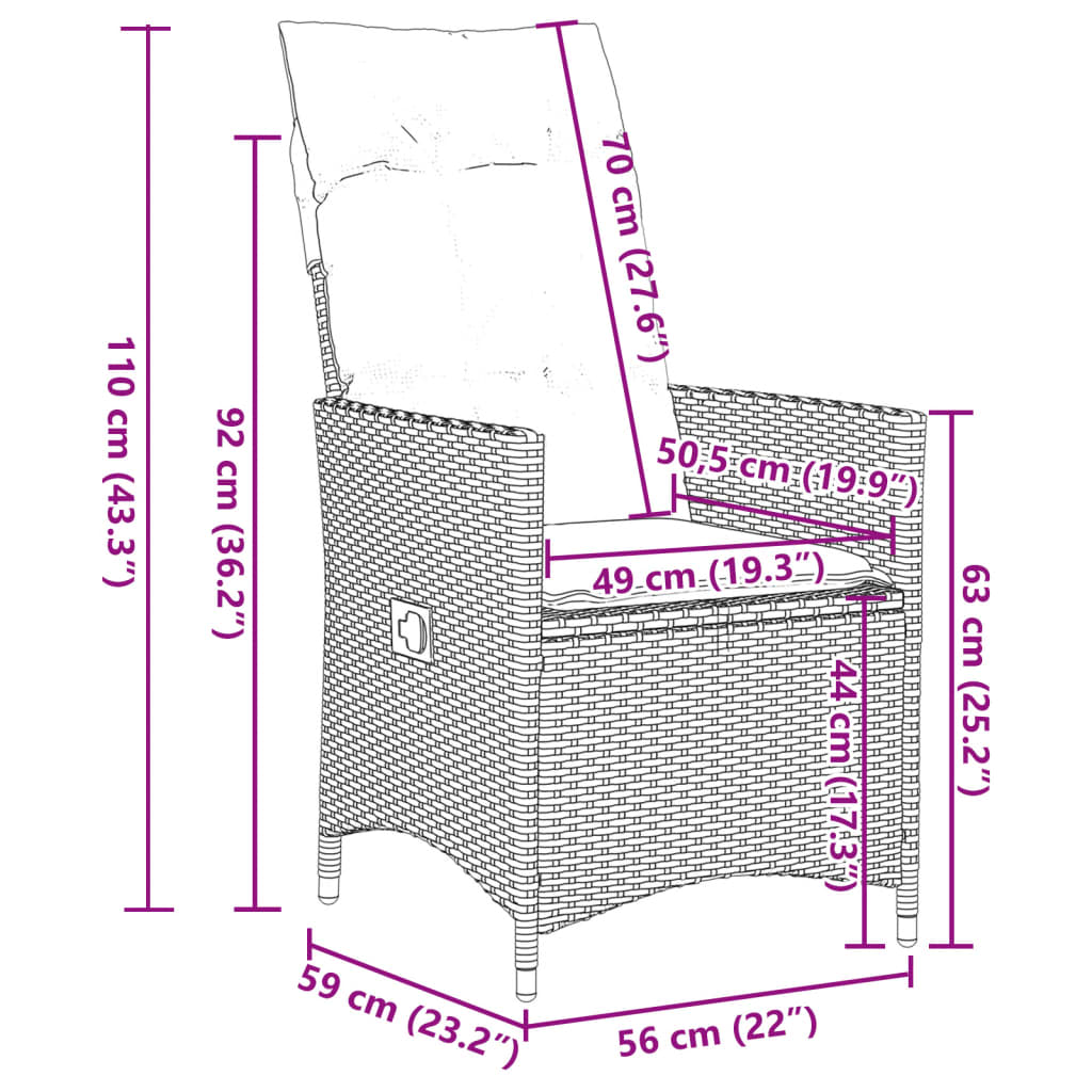 vidaXL Gartensessel mit Kissen 2 Stk. Verstellbar Schwarz Poly Rattan