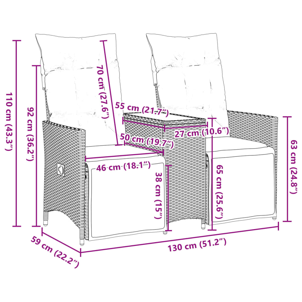 vidaXL Gartensofa 2-Sitzer Verstellbar mit Tisch Braun Poly Rattan