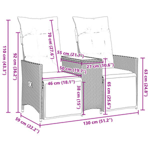 vidaXL Gartensofa 2-Sitzer Verstellbar mit Tisch Braun Poly Rattan