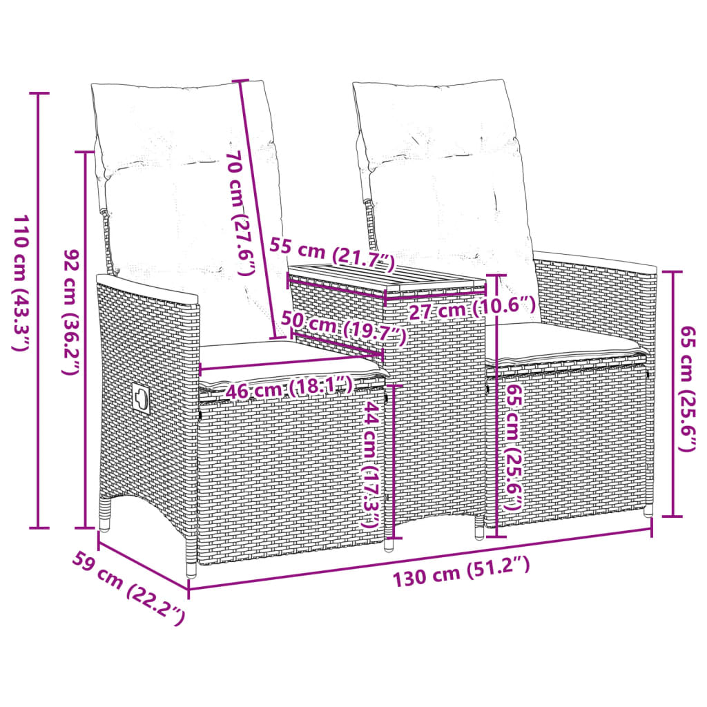 vidaXL Gartensofa 2-Sitzer Verstellbar mit Tisch Grau Poly Rattan