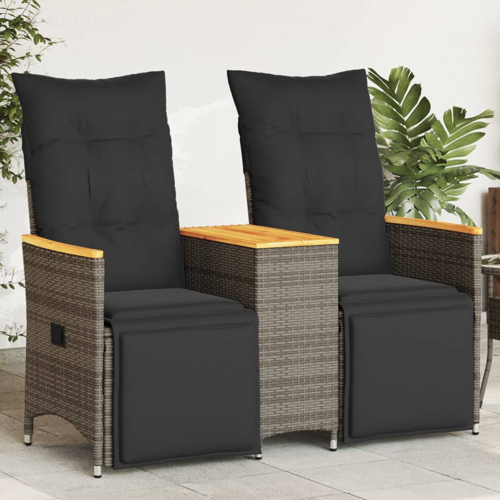 vidaXL Gartensofa 2-Sitzer Verstellbar mit Tisch Grau Poly Rattan