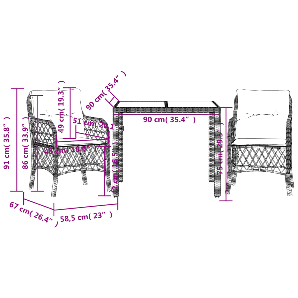 3-tlg. Bistro-Set mit Kissen Schwarz Poly Rattan Stilecasa