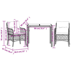 3-tlg. Bistro-Set mit Kissen Schwarz Poly Rattan Stilecasa