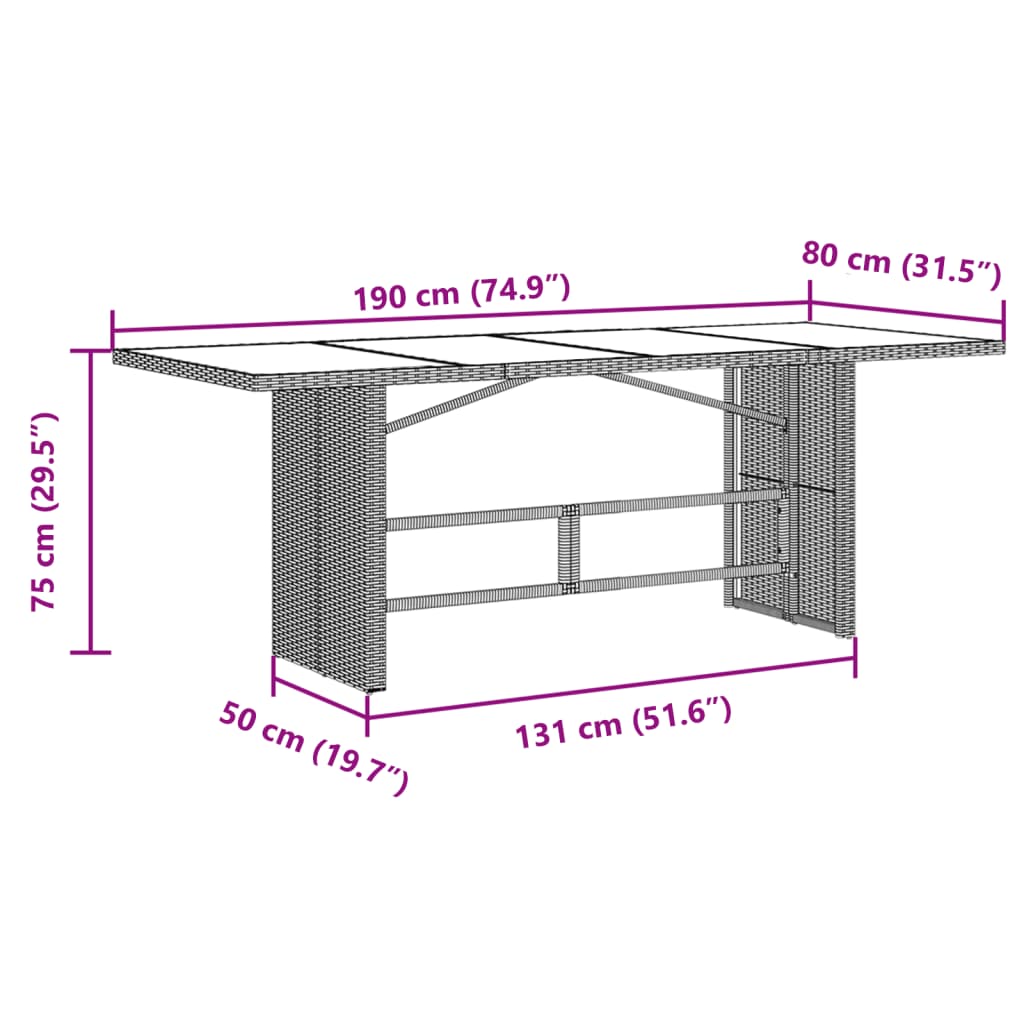 vidaXL Gartentisch mit Glasplatte Braun 190x80x75 cm Poly Rattan