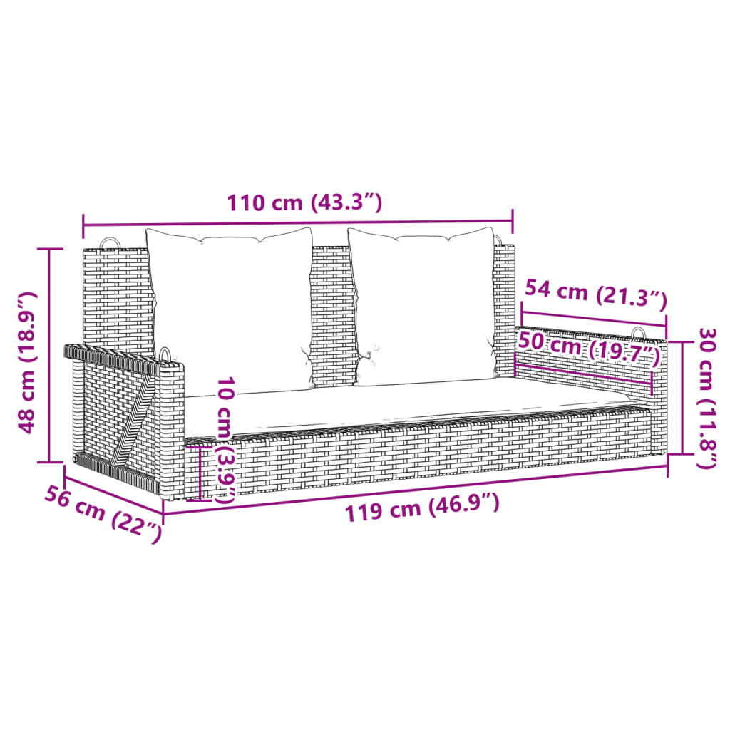 vidaXL Hängebank mit Kissen Braun 119x56x48 cm Poly Rattan