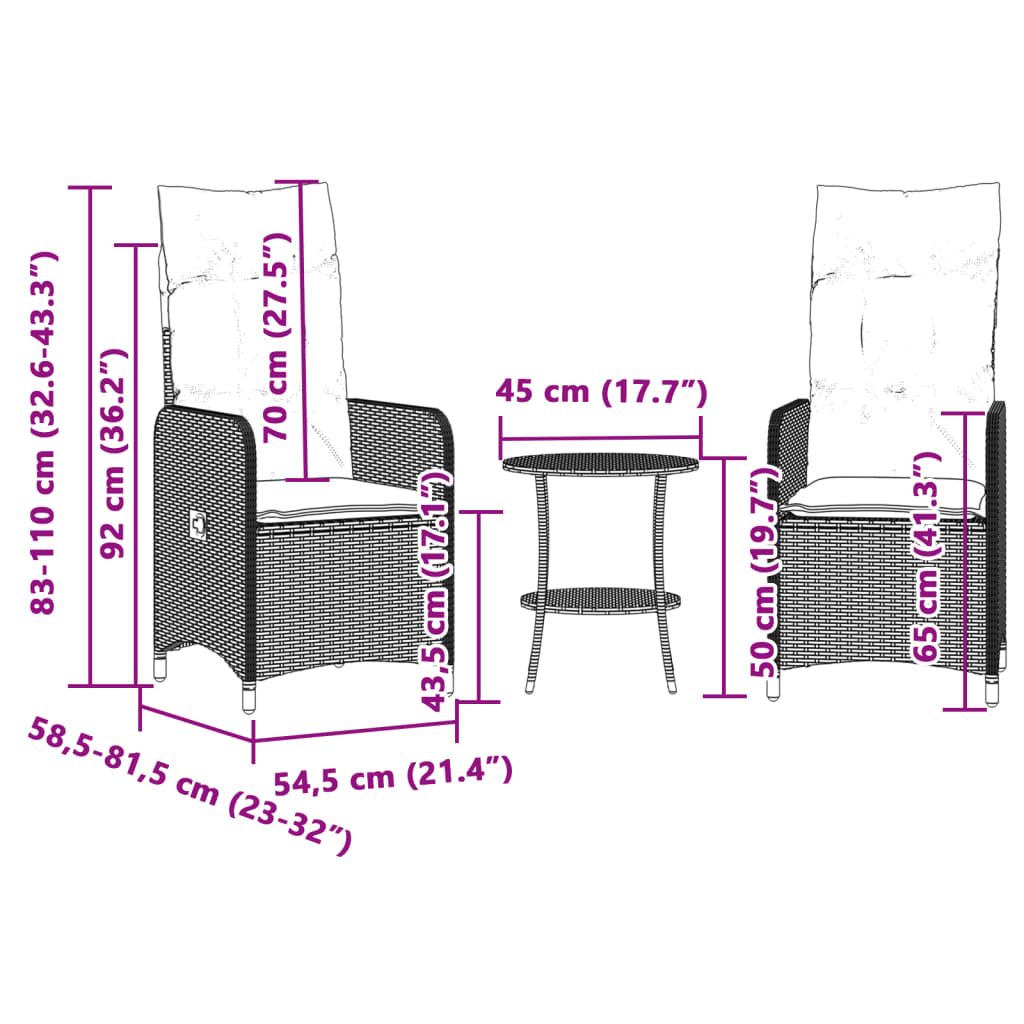 vidaXL Outdoor-Lehnstühle 2 Stk. mit Tisch Braun Poly Rattan