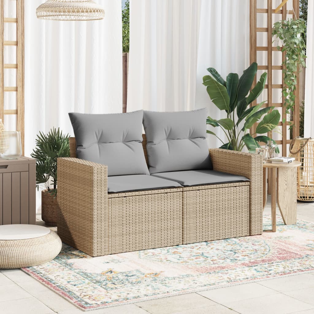 vidaXL Gartensofa mit Kissen 2-Sitzer Beige Poly Rattan