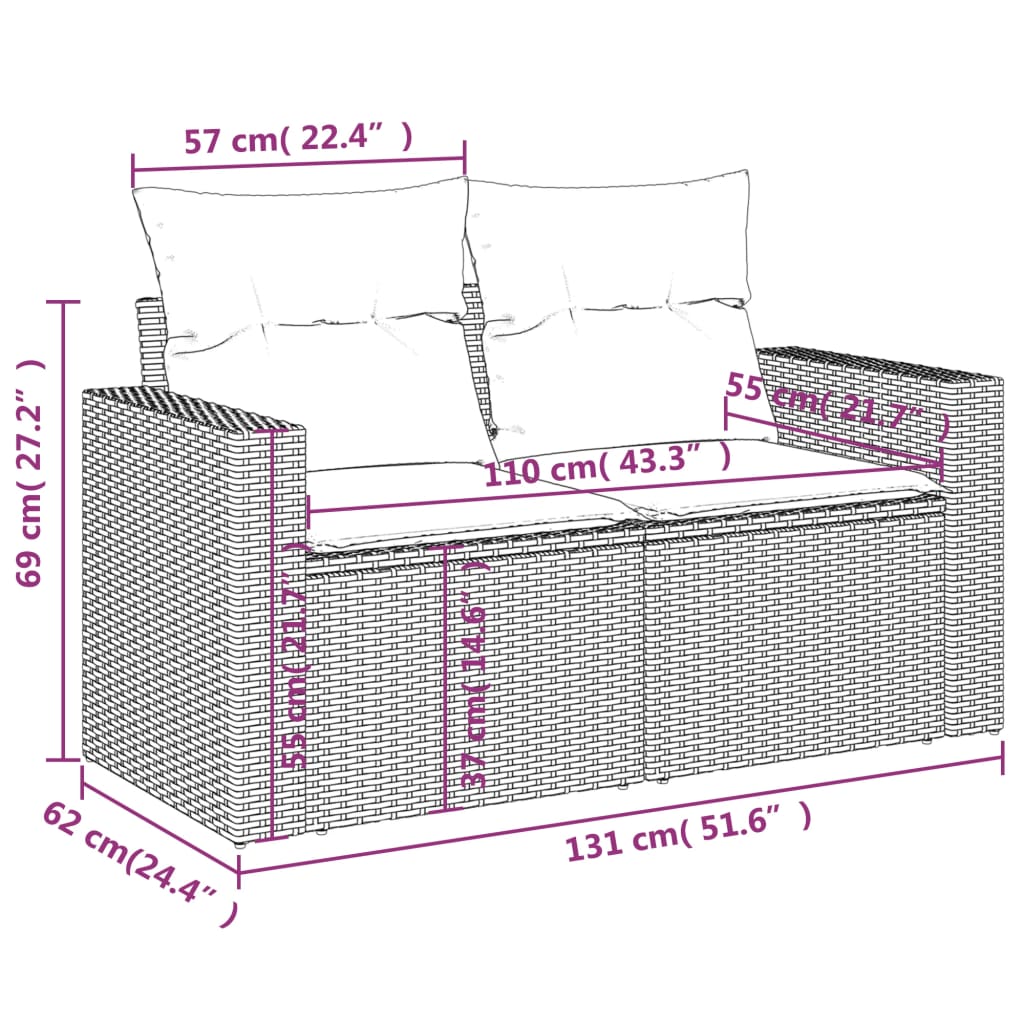 vidaXL Gartensofa mit Kissen 2-Sitzer Beige Poly Rattan