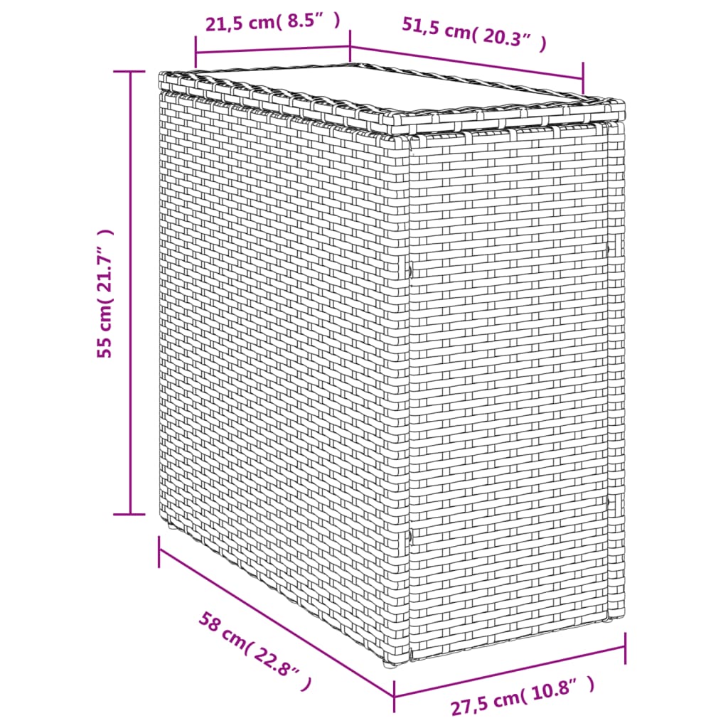 Garten-Beistelltisch mit Glasplatte Grau 58x27,5x55 cm Rattan VIDAXL