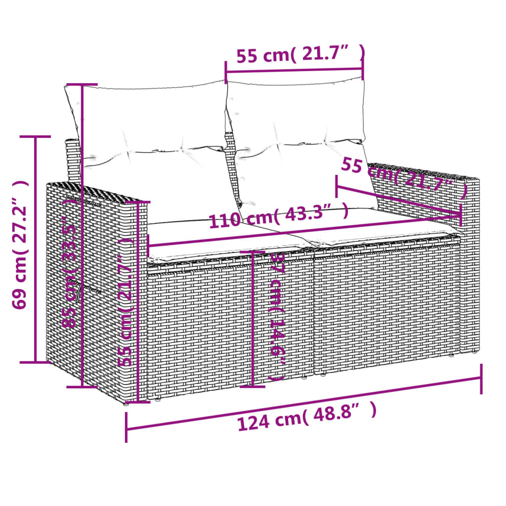 vidaXL Gartensofa mit Kissen 2-Sitzer Hellgrau Poly Rattan