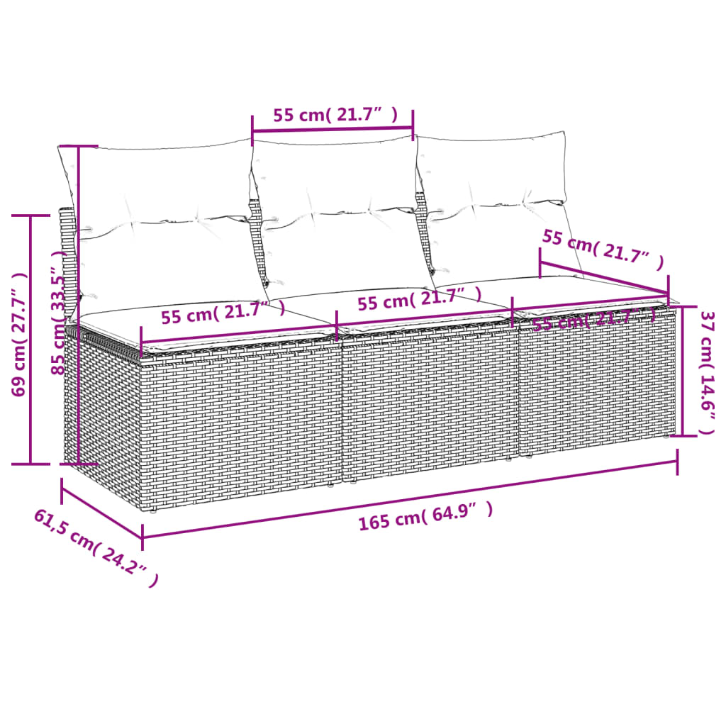 Gartensofa mit Kissen 3-Sitzer Hellgrau Poly Rattan Stilecasa