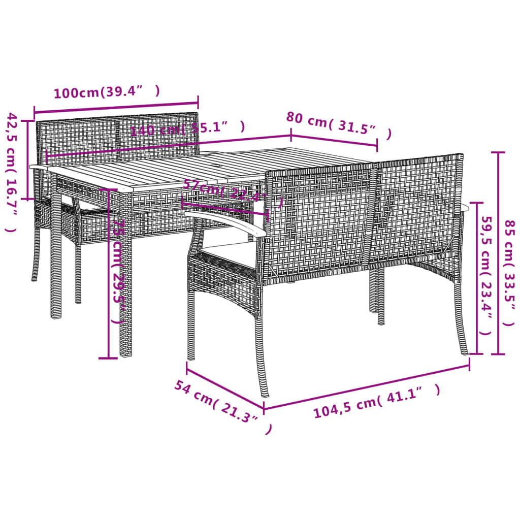 vidaXL 3-tlg. Garten-Essgruppe mit Kissen Beige Poly Rattan