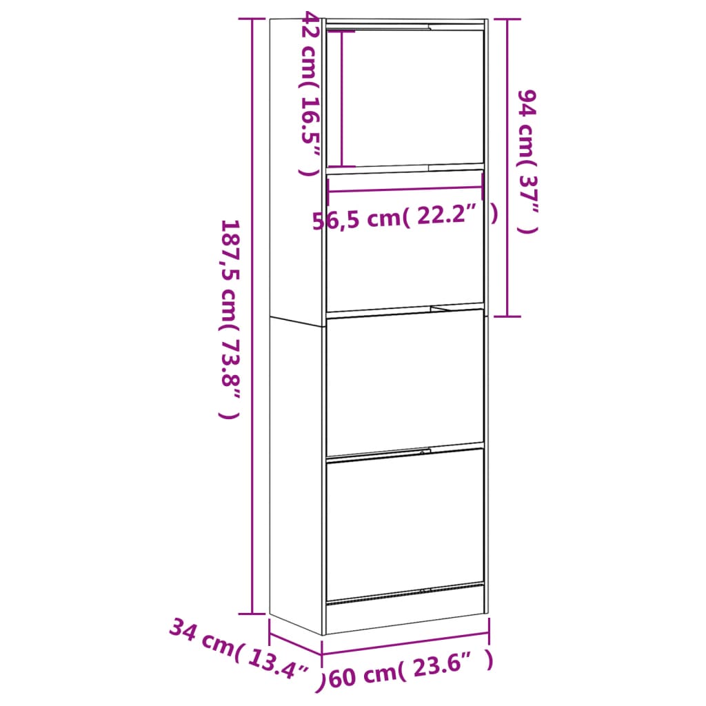 vidaXL Schuhschrank mit 4 Klappen Betongrau 60x34x187,5 cm