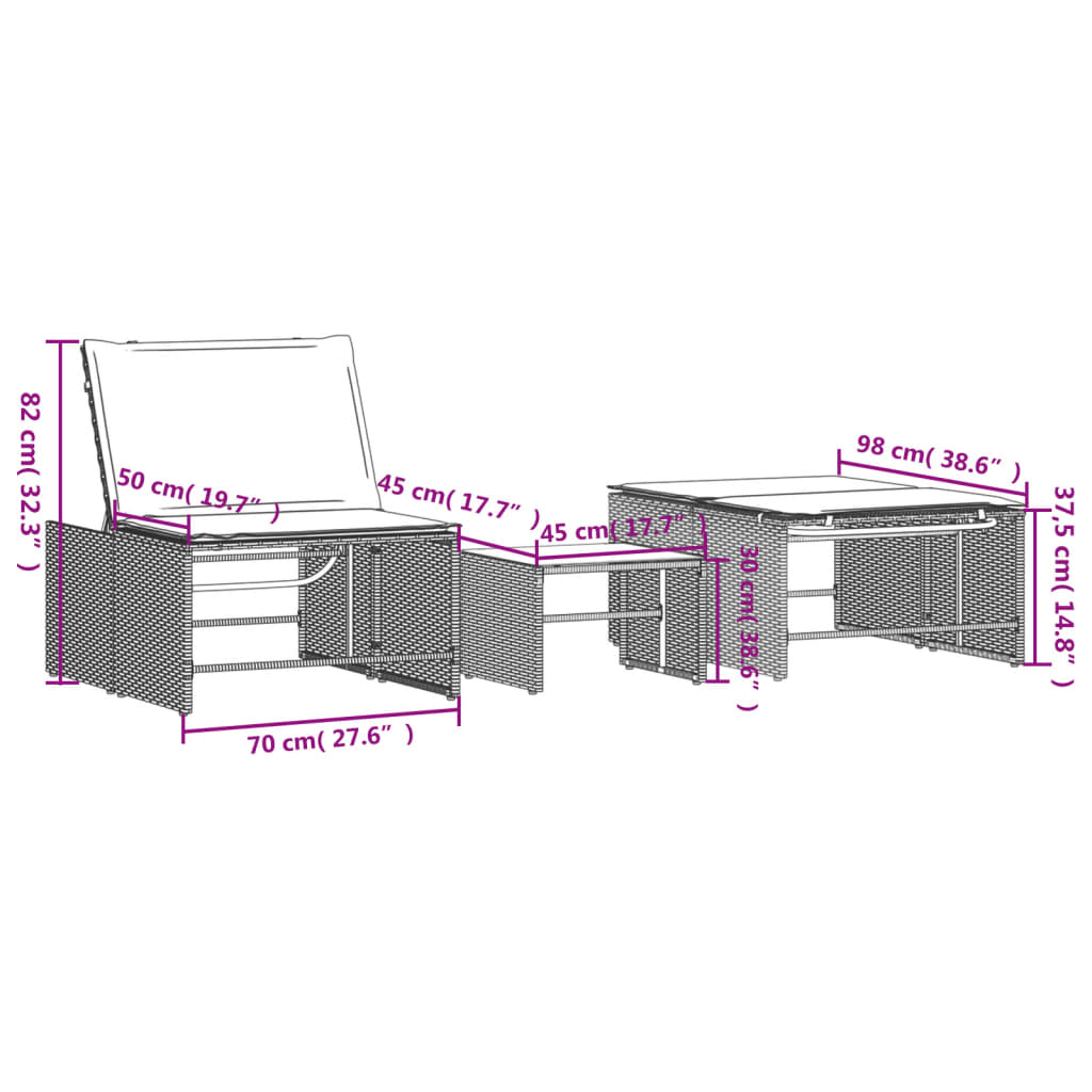 Sonnenliegen 2 Stk. mit Tisch Hellgrau Poly Rattan