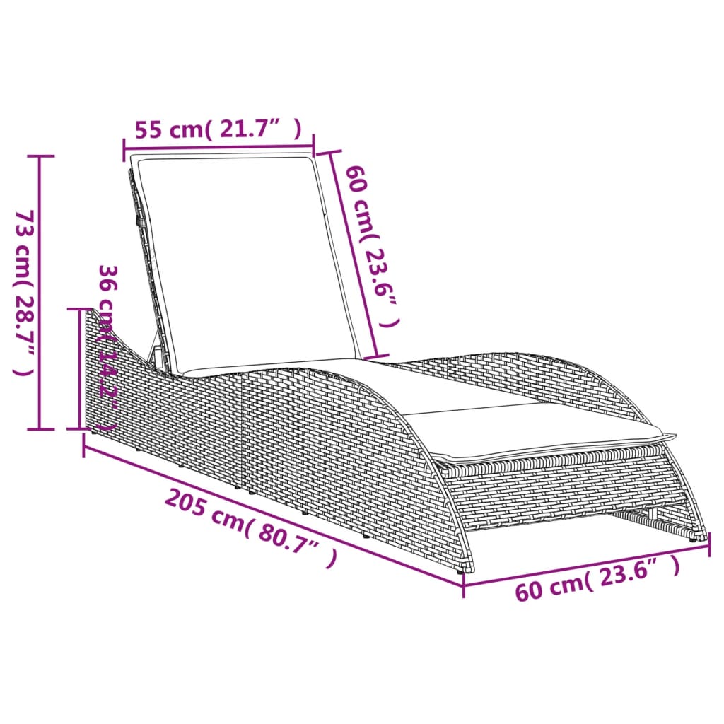 vidaXL Sonnenliege mit Auflage Beige 60x205x73 cm Poly Rattan