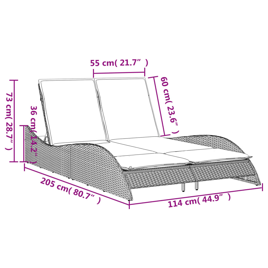 vidaXL Sonnenliege mit Auflagen Braun 114x205x73 cm Poly Rattan