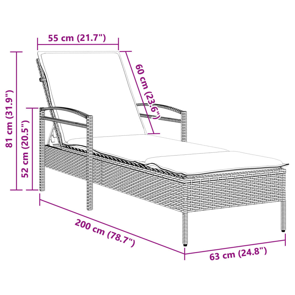 Sonnenliege mit Auflage Schwarz 63x200x81 cm Poly Rattan