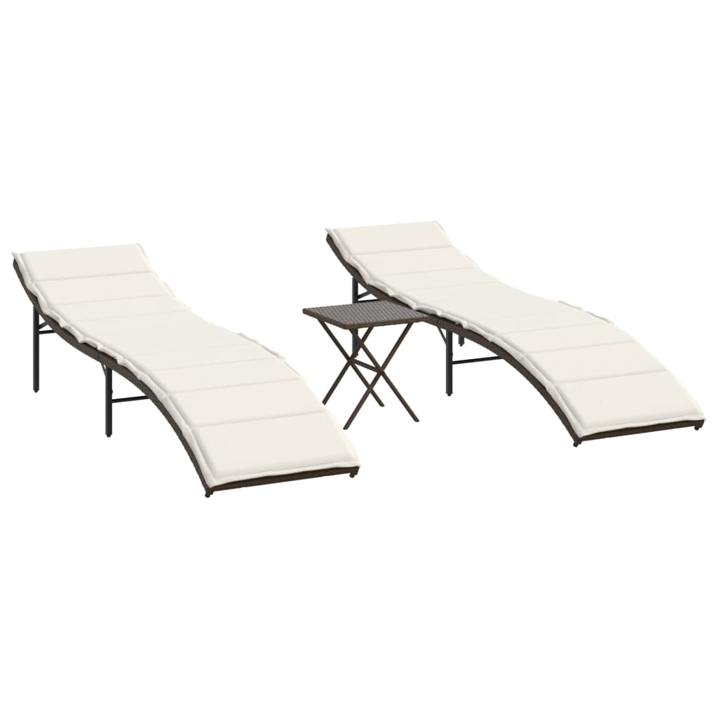 Sonnenliegen 2 Stk. mit Tisch Braun Poly Rattan