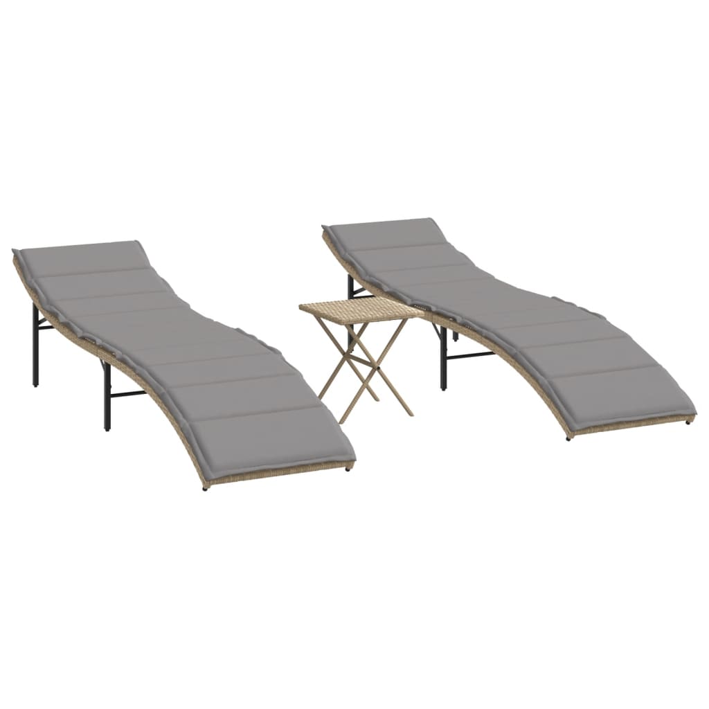 vidaXL Sonnenliegen 2 Stk. mit Tisch Beige Poly Rattan