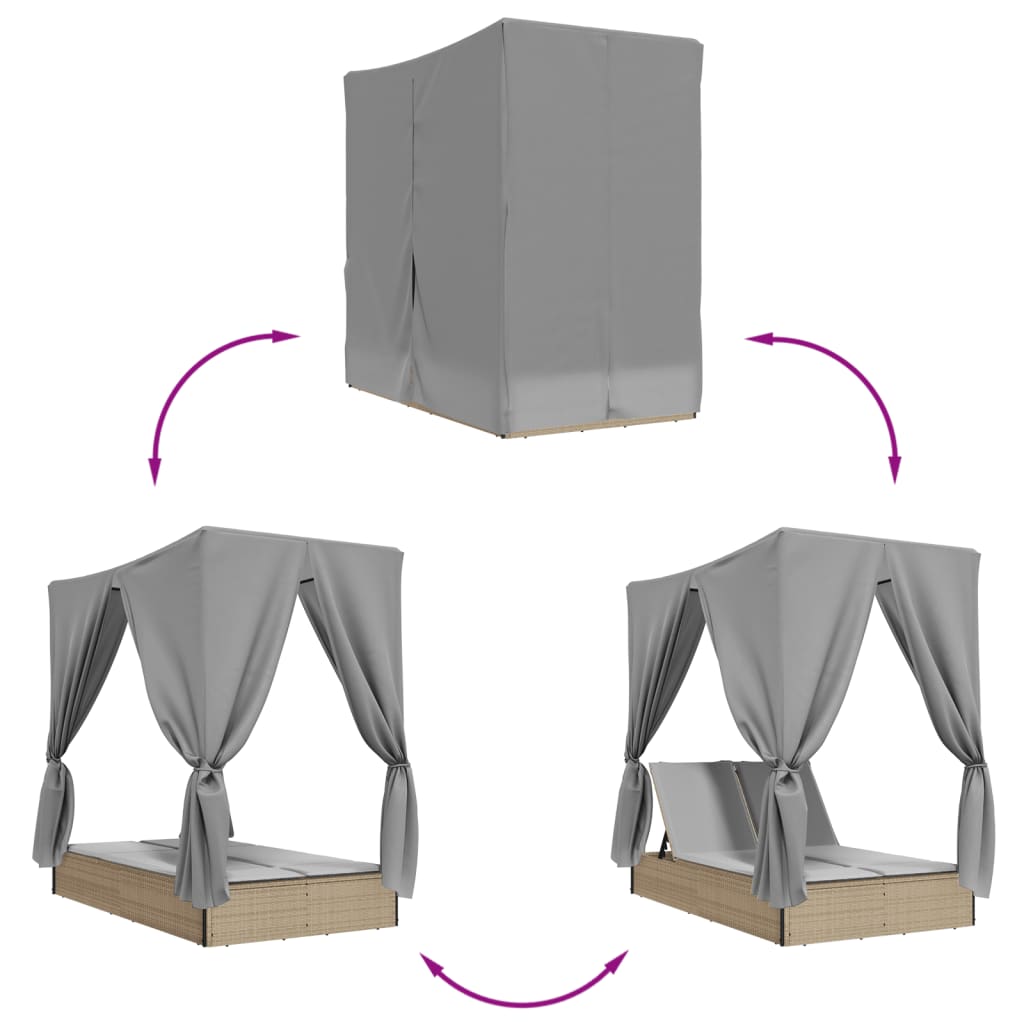 Doppel-Sonnenliege mit Dach und Vorhängen Beige Poly Rattan Stilecasa