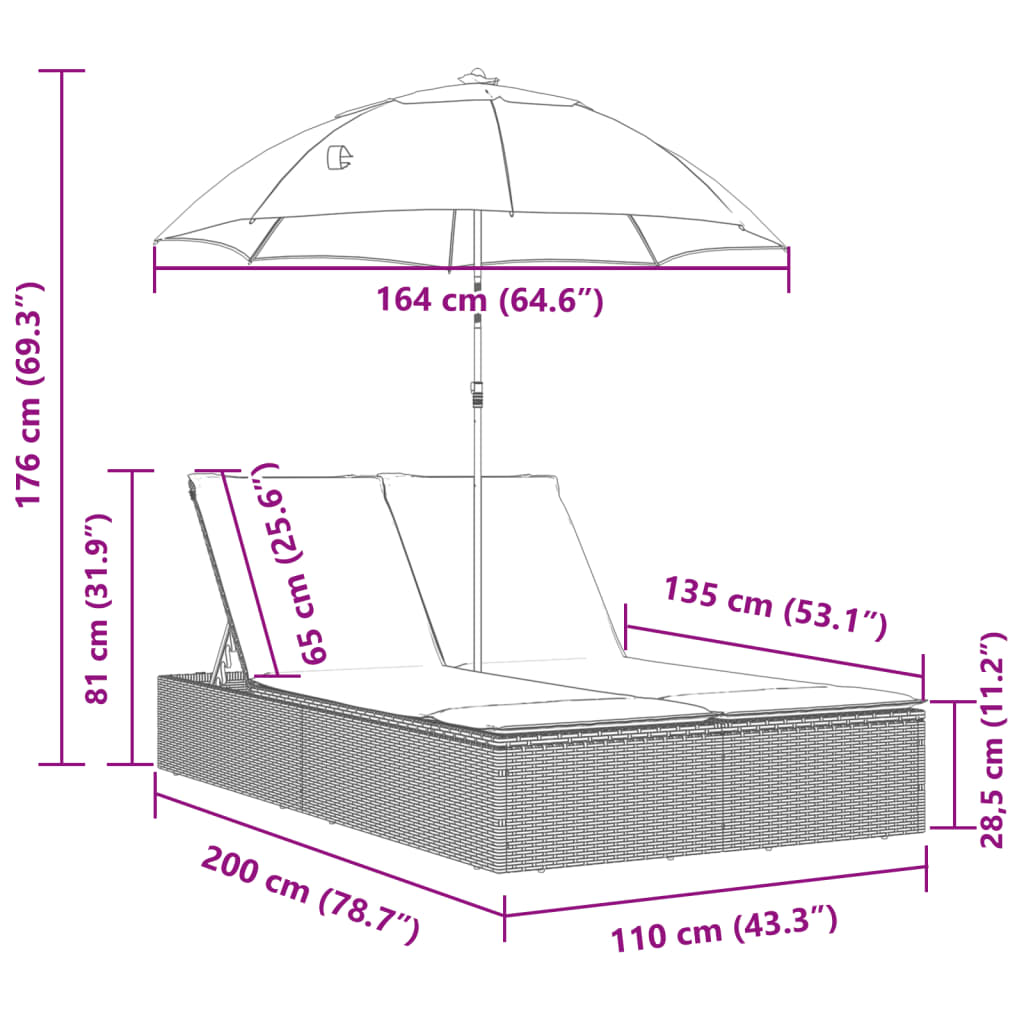 vidaXL Doppel-Sonnenliege mit Kissen & Sonnenschirm Braun Poly Rattan