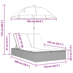 vidaXL Doppel-Sonnenliege mit Kissen & Sonnenschirm Braun Poly Rattan