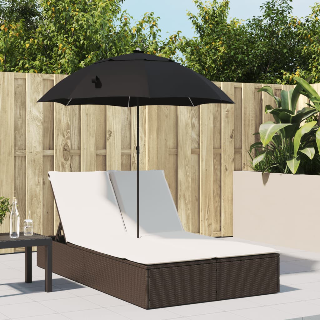 vidaXL Doppel-Sonnenliege mit Kissen & Sonnenschirm Braun Poly Rattan